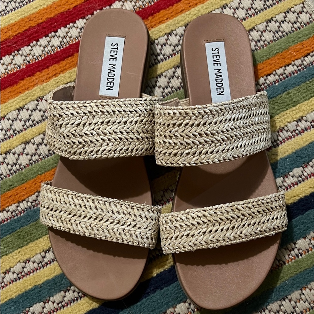 Steve Madden Natural Raffia Double-Strap Slide Sandals